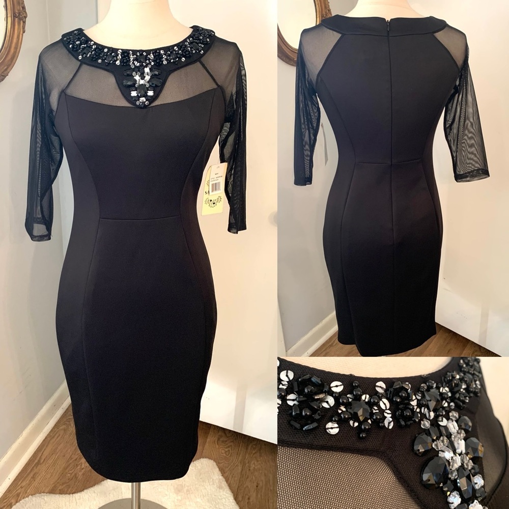 Black Sheer Sleeve Jeweled Neckline Cocktail Dress Sz 8 Evening Mob Wife